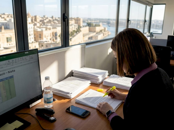 Office manager reviewing rental agreement in Malta city office