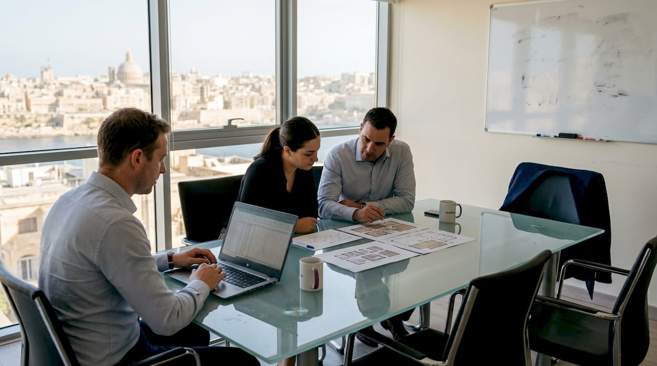 Business team evaluating Malta office space