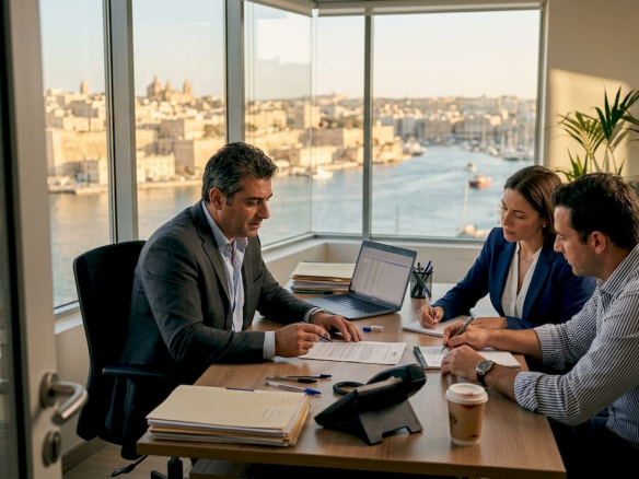 Agent and business clients meeting in Malta office