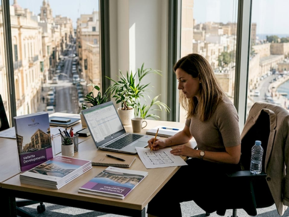 Professional in Malta office reviewing property plans