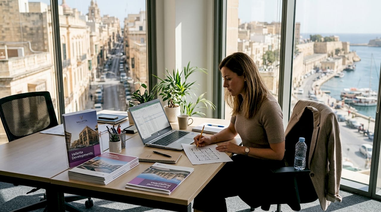 Professional in Malta office reviewing property plans