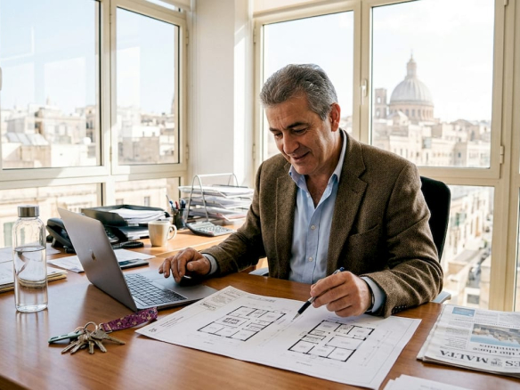 Landlord reviews office pricing paperwork Malta