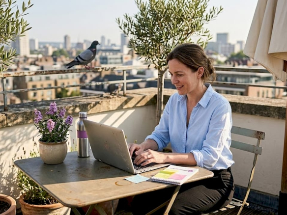 Woman working in outdoor rooftop office