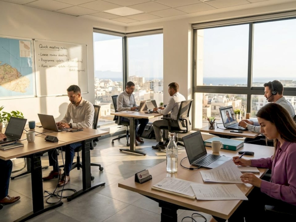 Busy team working in Malta corner office 10-20 desk spaces in malta
