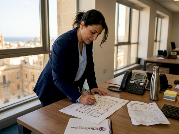 Manager reviewing desk spacing plan in Malta office Maximising desk space in Malta: A Practical Guide