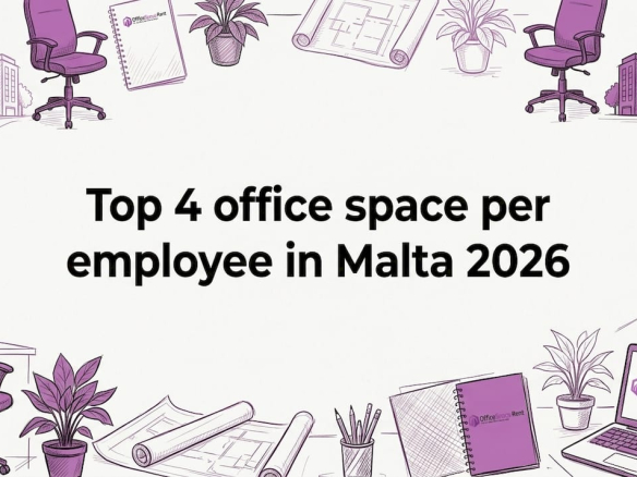 Hand-drawn Malta office buildings, chairs, plants framing title card Office Space Per Employee in Malta
