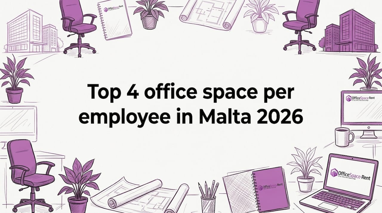 Hand-drawn Malta office buildings, chairs, plants framing title card Office Space Per Employee in Malta