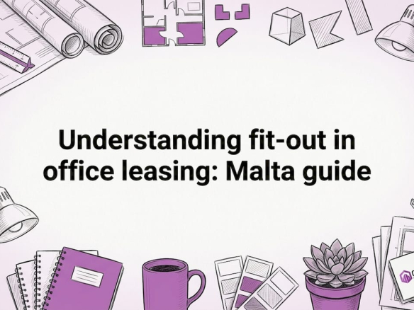 Decorative title card illustration with office tools framing title area