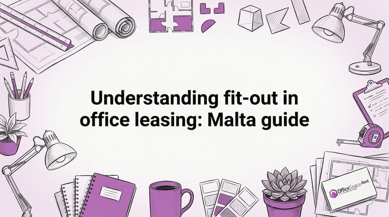Decorative title card illustration with office tools framing title area