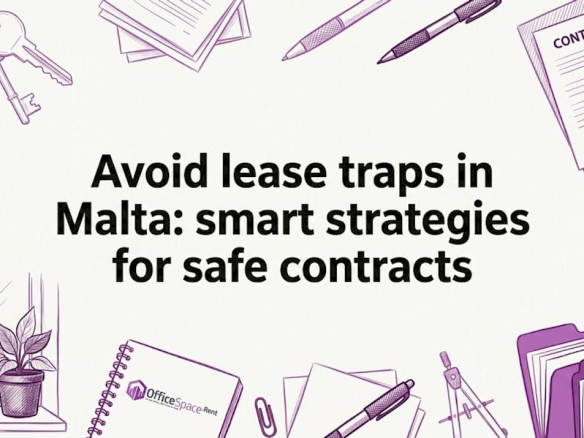 Hand-sketched office lease motifs surround clean title space Lease traps to avoid in Malta