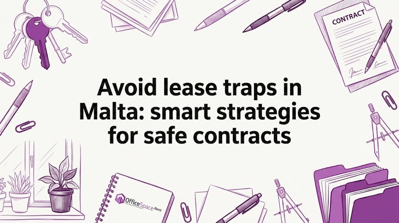Hand-sketched office lease motifs surround clean title space Lease traps to avoid in Malta