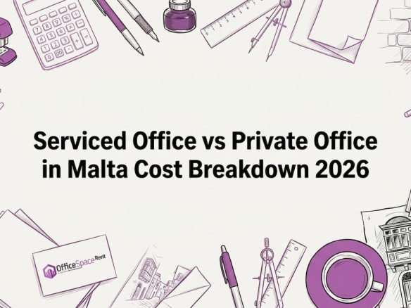 Hand-drawn title card with Malta office objects in corners Serviced Office vs Private Office in Malta Cost Breakdown