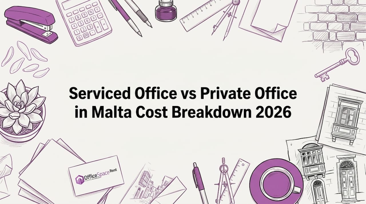 Hand-drawn title card with Malta office objects in corners Serviced Office vs Private Office in Malta Cost Breakdown