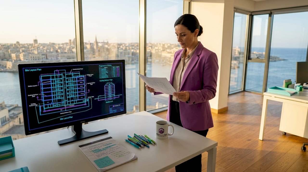 Manager reviewing plans in Malta office at sunrise 2026 Guide to Planning Your Workspace