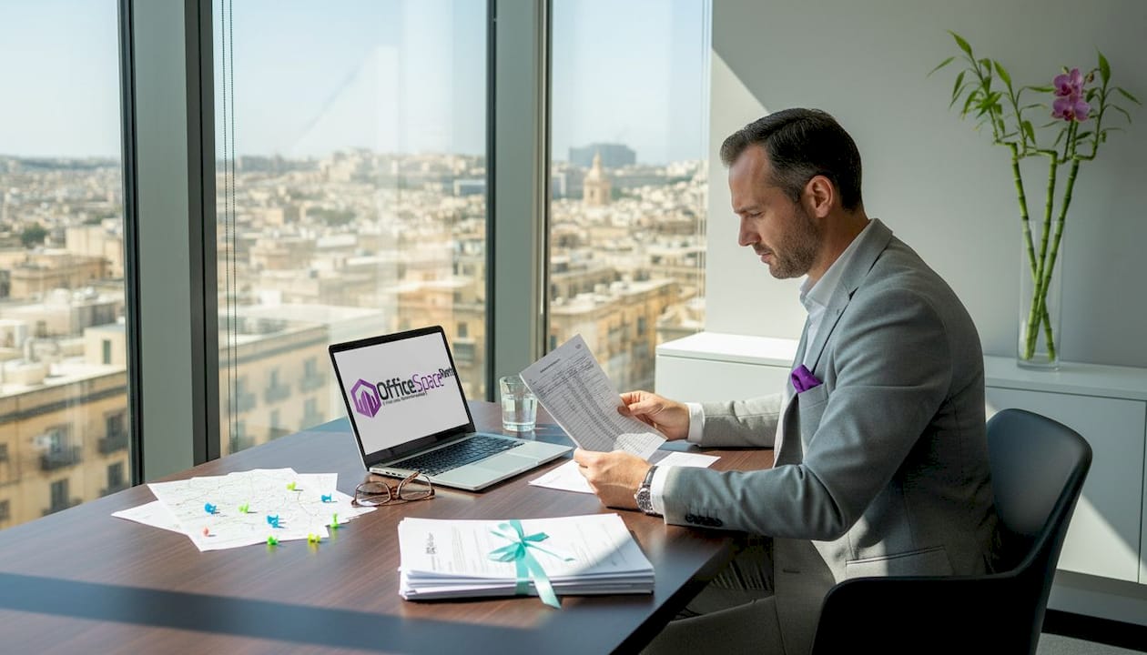 Finance manager reviews tax documents in Malta office