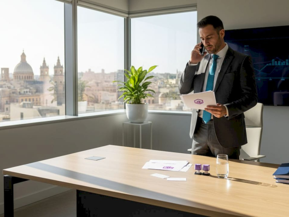 Consultant reviewing documents in Valletta office