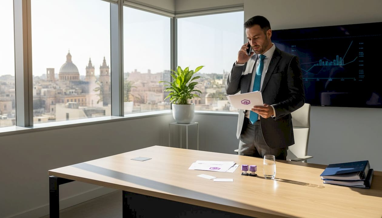 Consultant reviewing documents in Valletta office