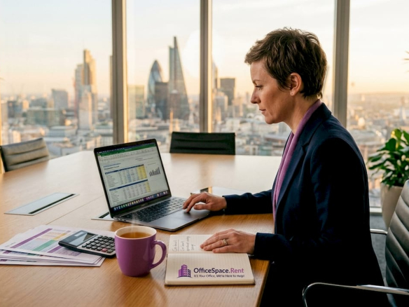 Manager calculates office space costs in corner office
