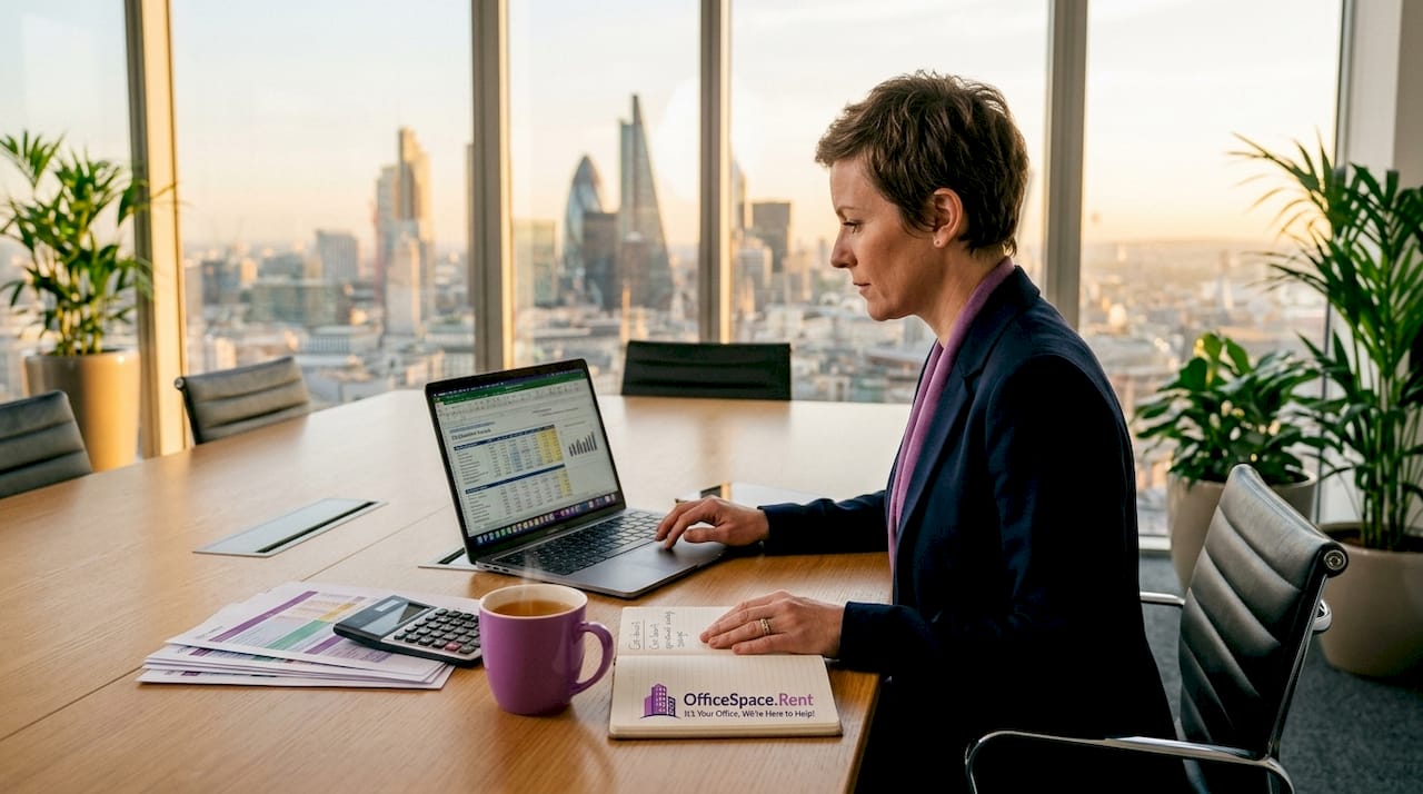 Manager calculates office space costs in corner office