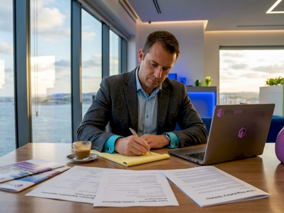 Executive in bright Malta office reviewing documents