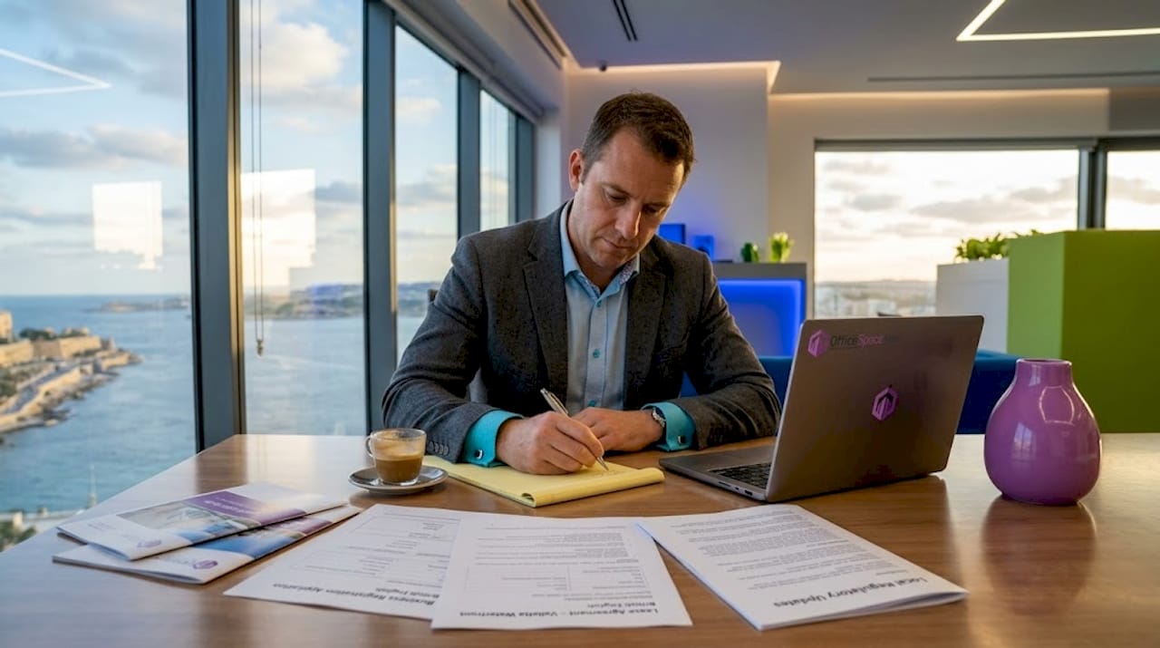 Executive in bright Malta office reviewing documents
