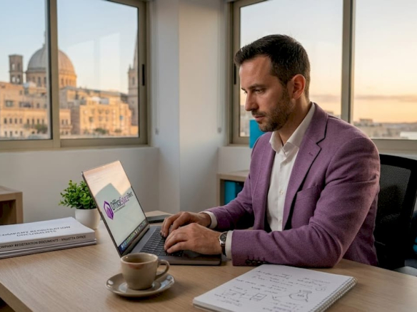 Entrepreneur working in Malta city corner office