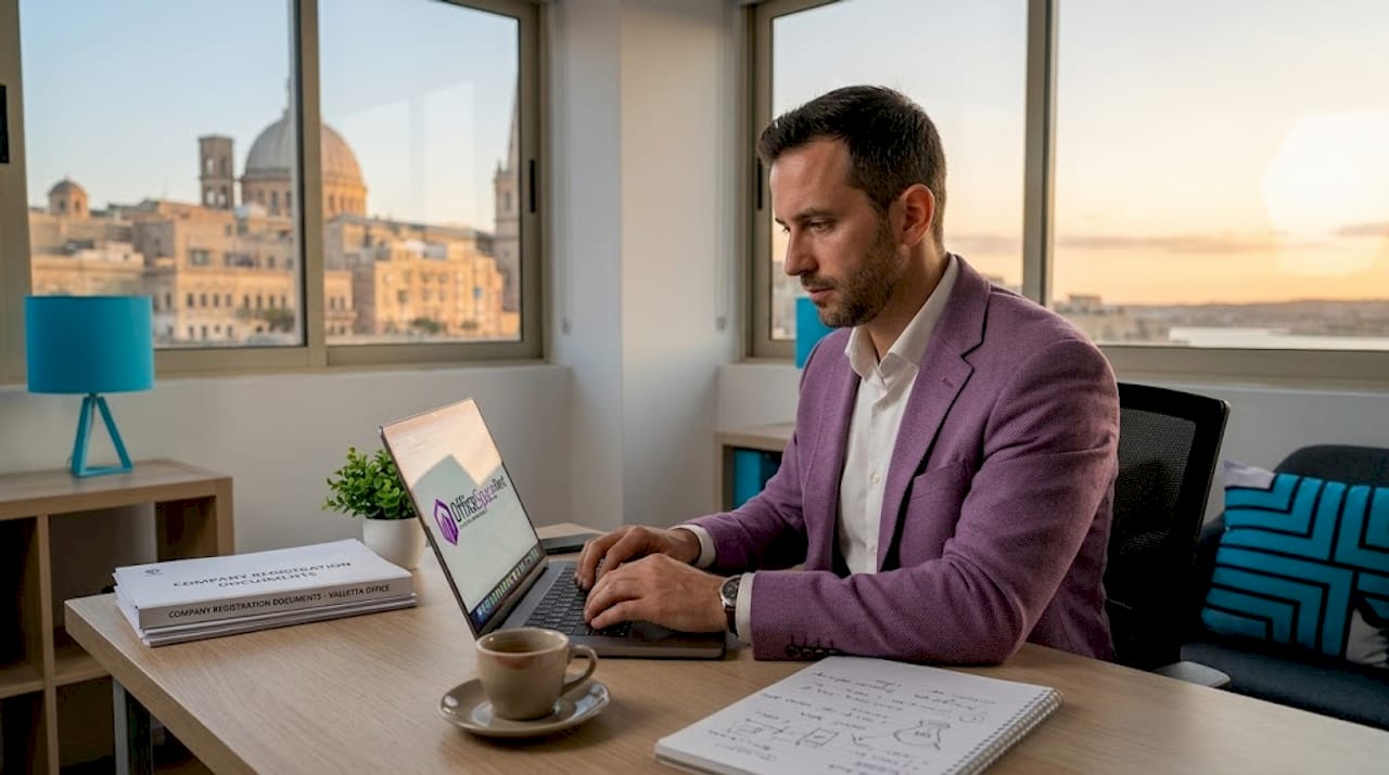 Entrepreneur working in Malta city corner office