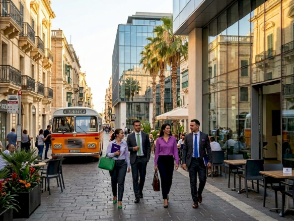 Office workers arriving at Maltese office building