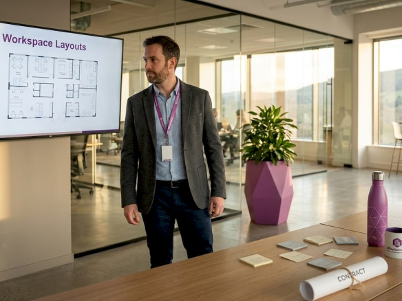Manager viewing flex office workspace layout
