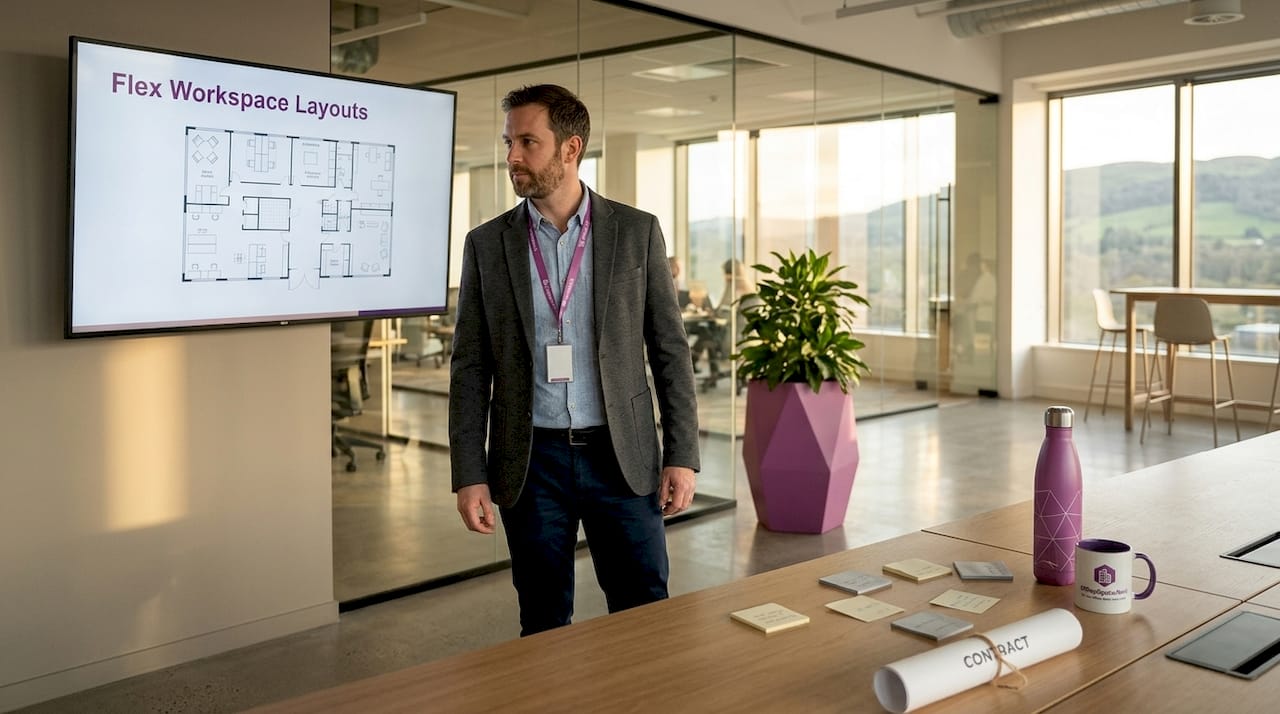 Manager viewing flex office workspace layout