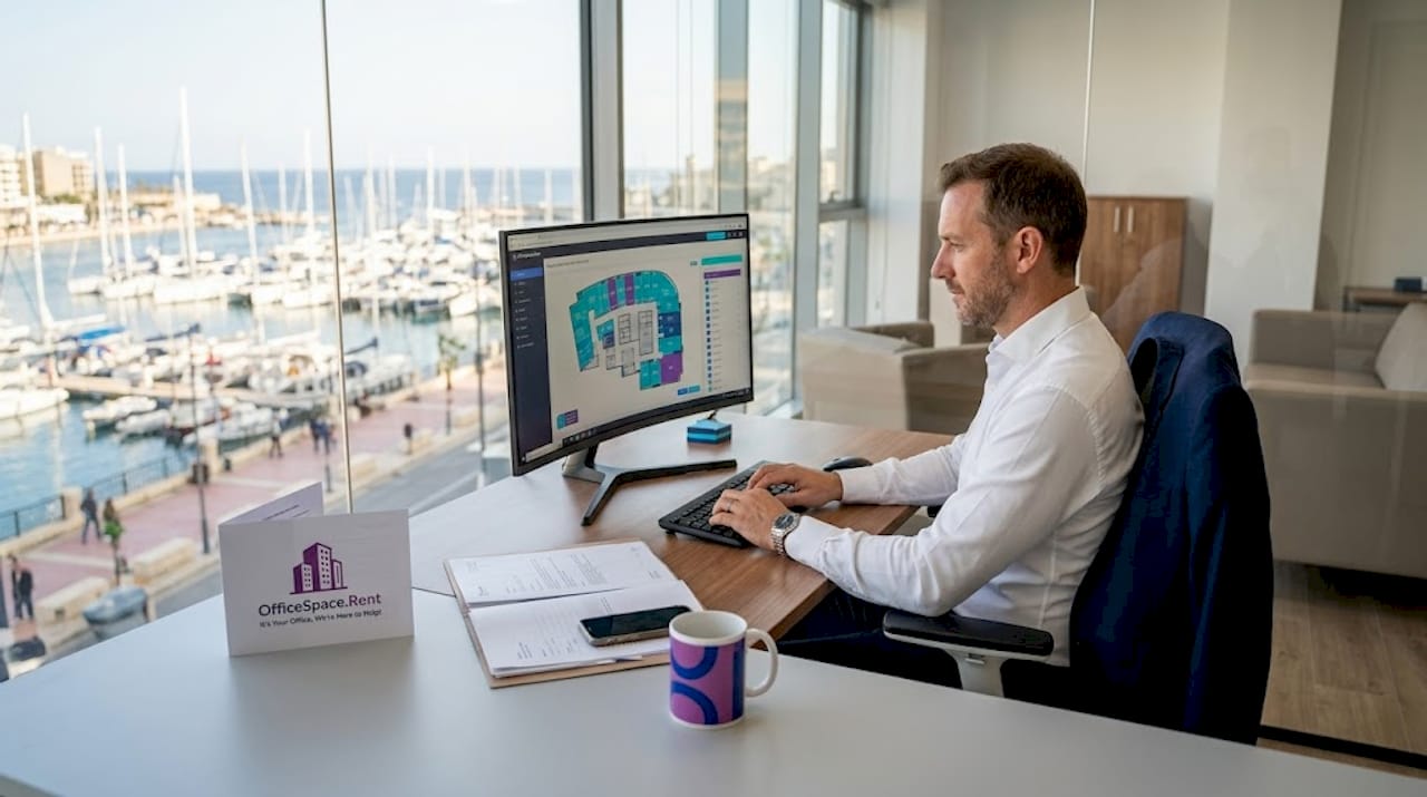 Manager working in Malta office rental setting