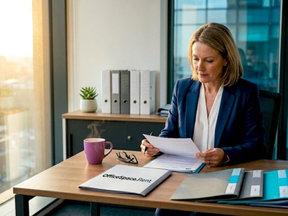 Manager reading commercial lease agreement