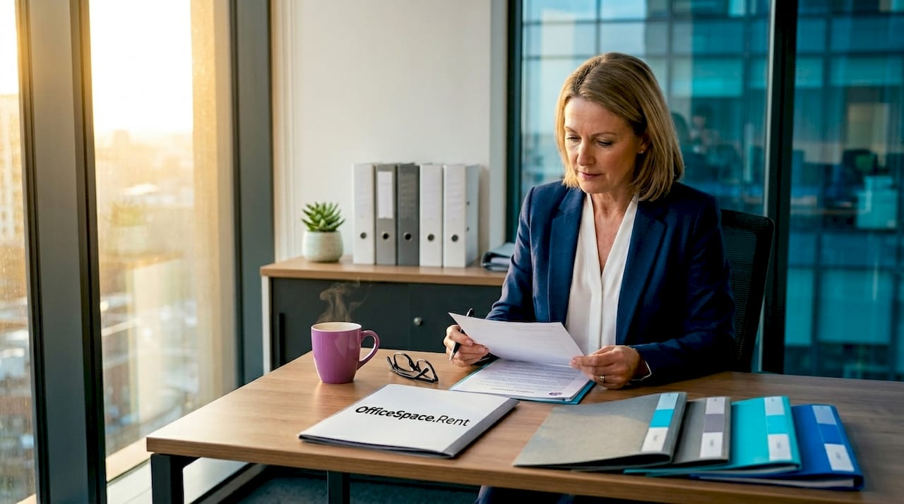 Manager reading commercial lease agreement