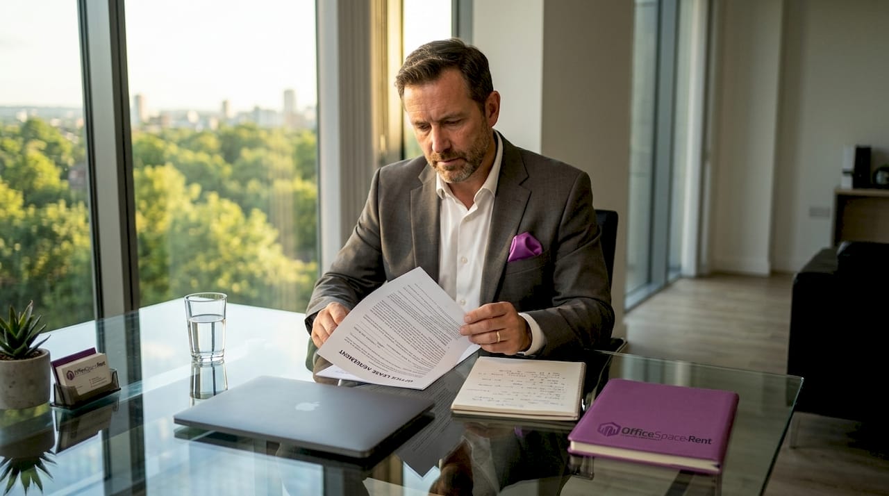 Businessman reviewing office lease document