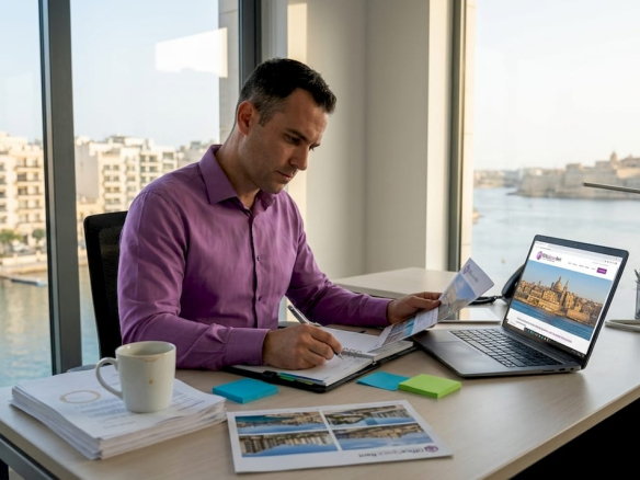 Professional reviewing Malta office shortlist on desk