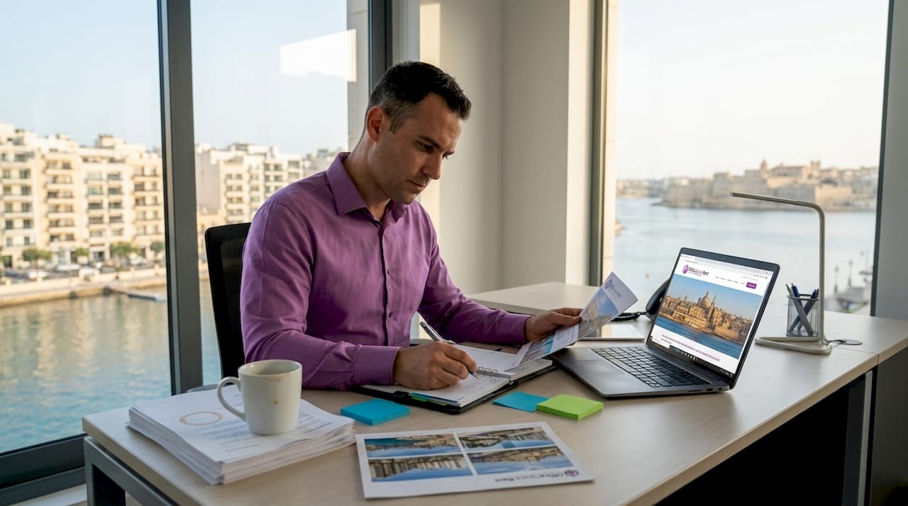 Professional reviewing Malta office shortlist on desk
