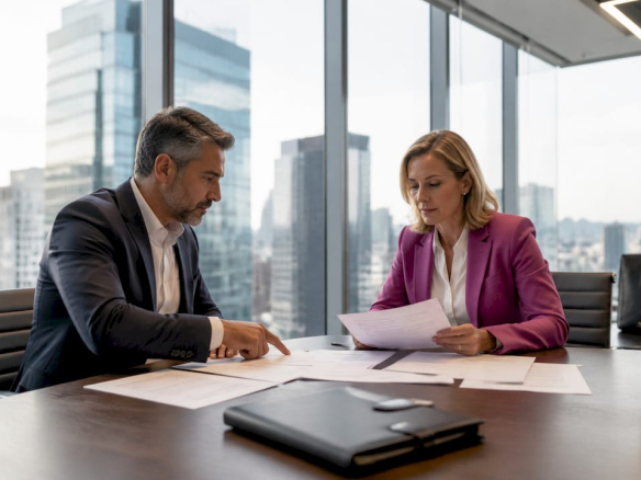 Professionals reviewing office lease documents