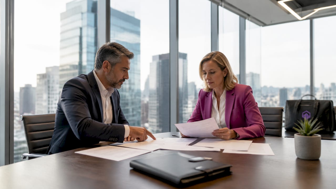 Professionals reviewing office lease documents