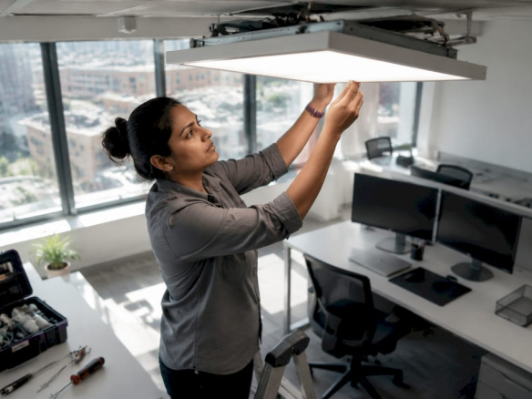 Technician adjusting LED light in office space