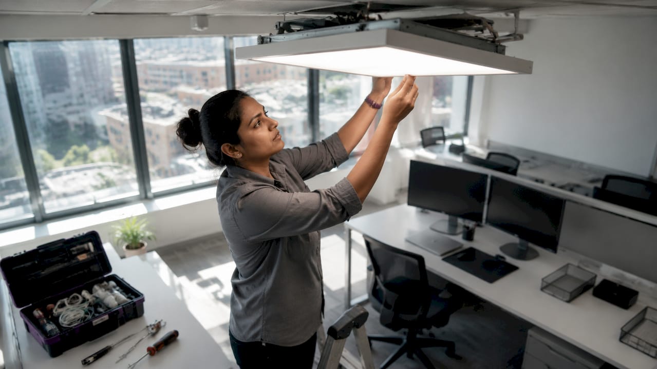 Technician adjusting LED light in office space