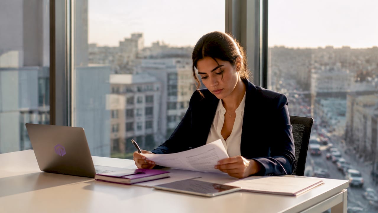Businesswoman reviewing office lease documents office rental pricing factors