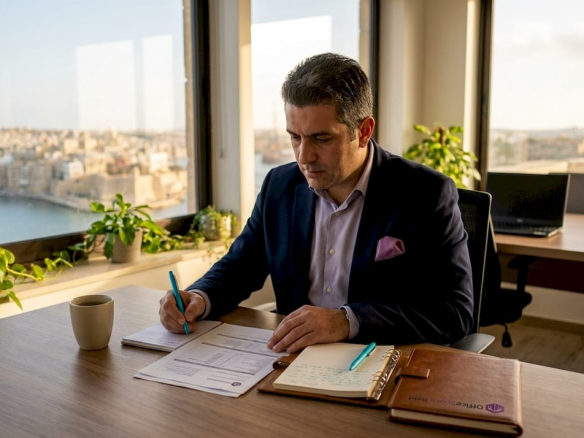 Tax consultant reviewing office rental documents in Malta office