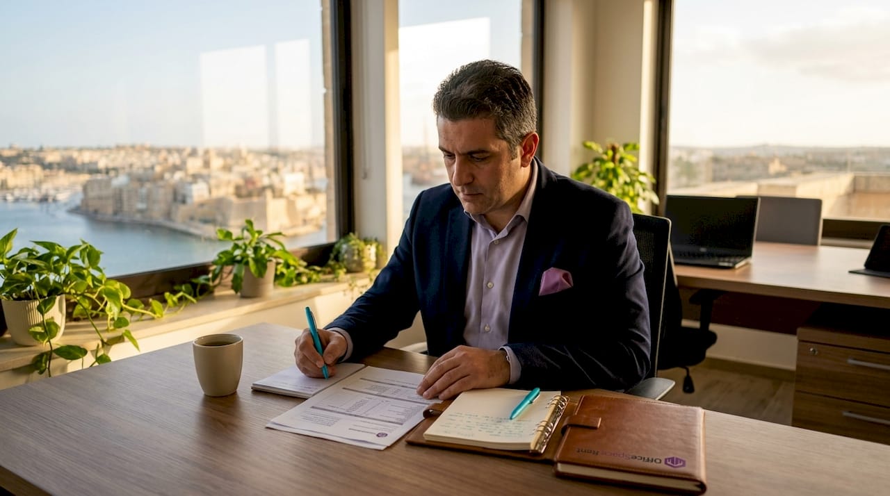 Tax consultant reviewing office rental documents in Malta office