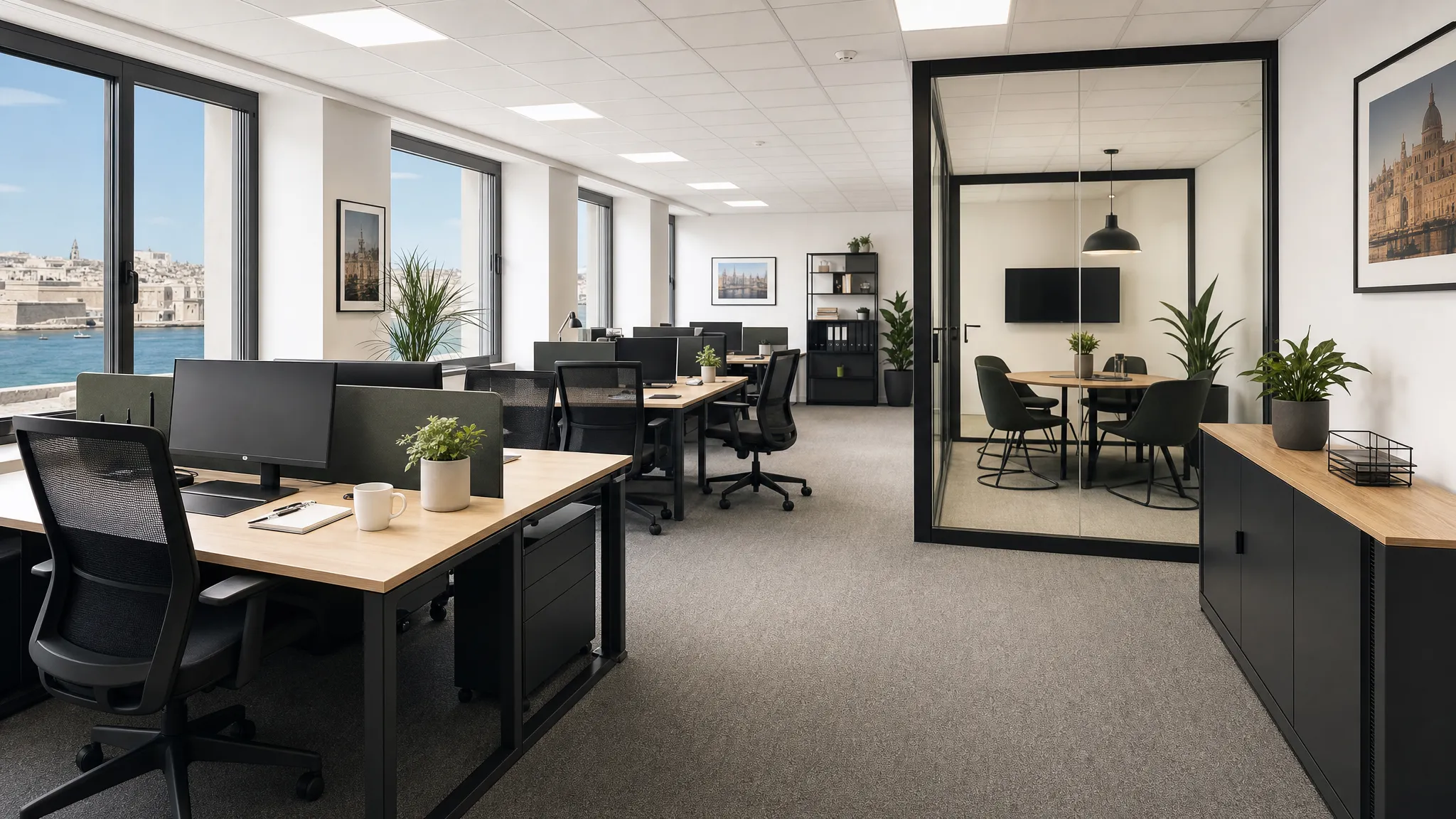 A compact Malta office with flexible desks, a small private meeting room, storage, natural light and room for additional workstations, showing how the layout can expand as the team grows.