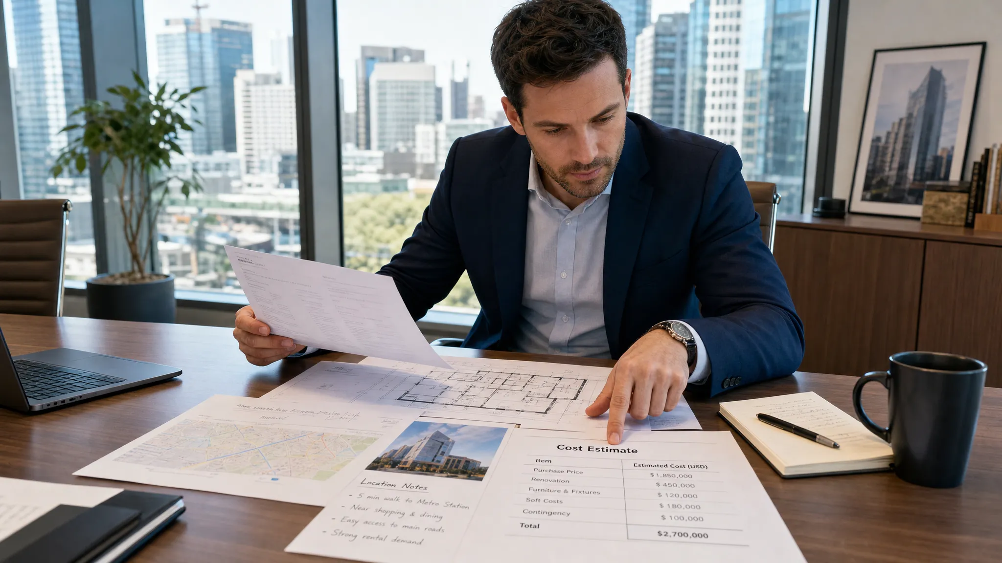 A consultant comparing printed floorplans, location notes, and cost estimates on a meeting table, with a bright business district visible through the window.