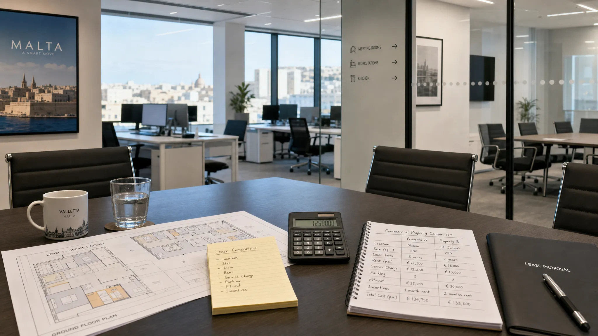 A modern office interior in Malta with meeting rooms, workstations, floor plan documents, lease notes and a calculator on a conference table for comparing commercial properties.
