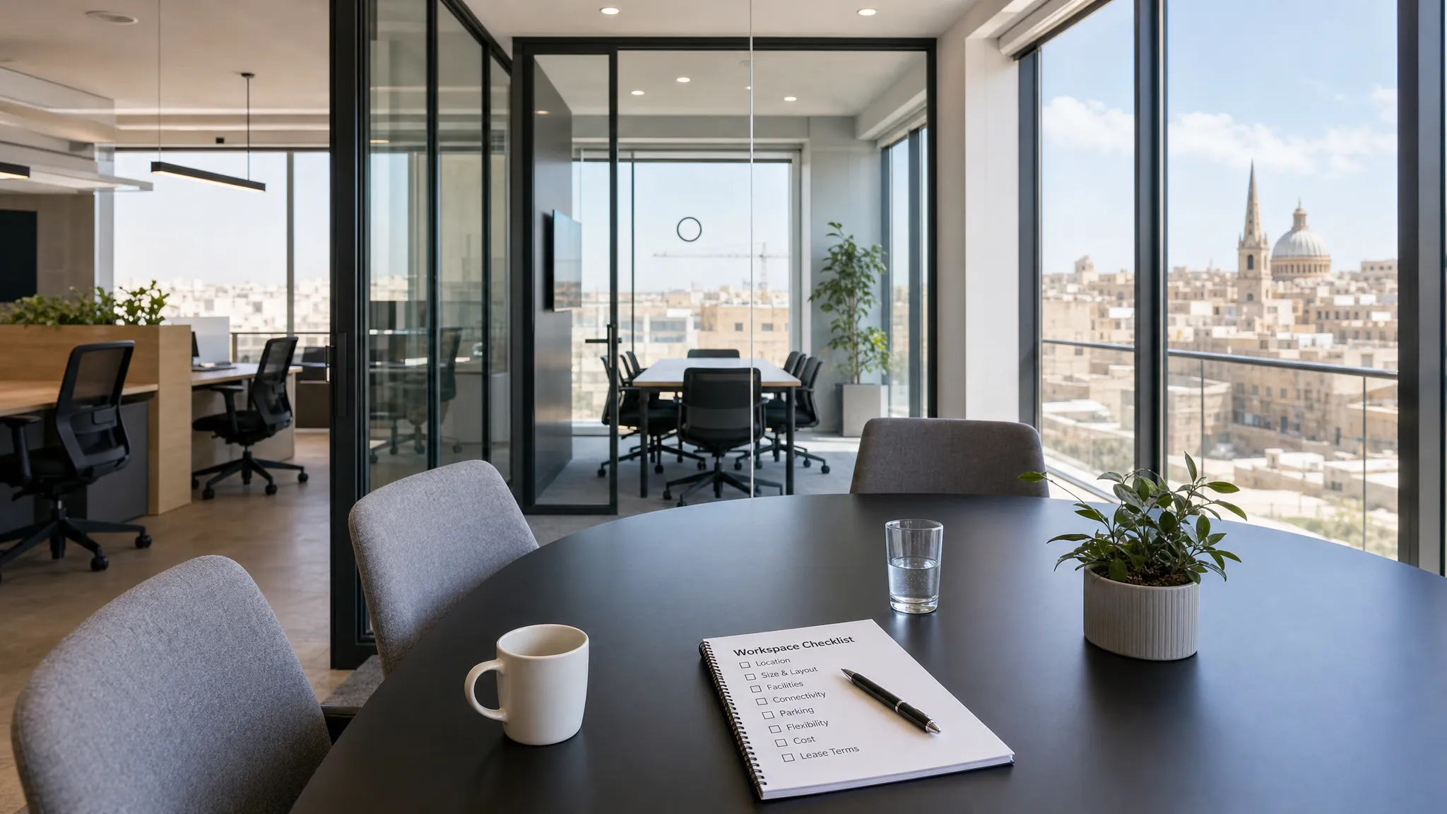 A modern office interior in Malta with meeting rooms, desks, natural light, glass partitions and a small checklist on a conference table for tenants evaluating workspace options.
