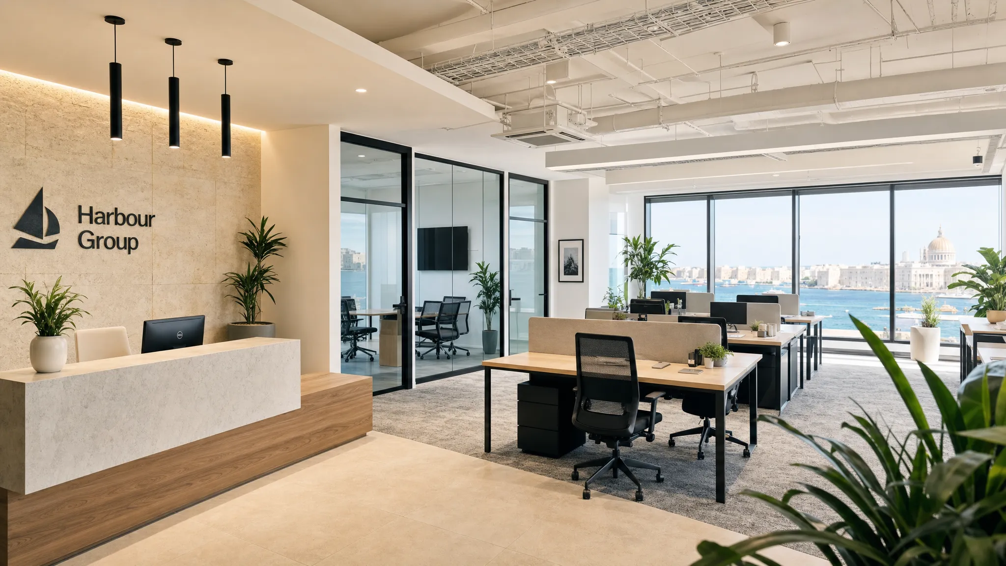 A bright modern office in Malta with flexible desks, enclosed meeting rooms, a reception area, plants and natural light, designed for a growing business team.