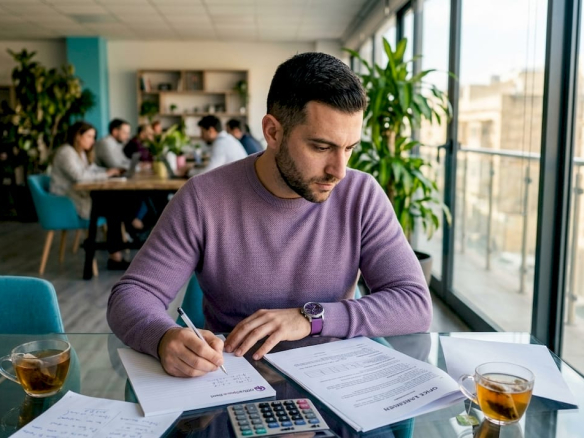 Person reviewing office lease agreement in Maltese office understanding office sqm rates
