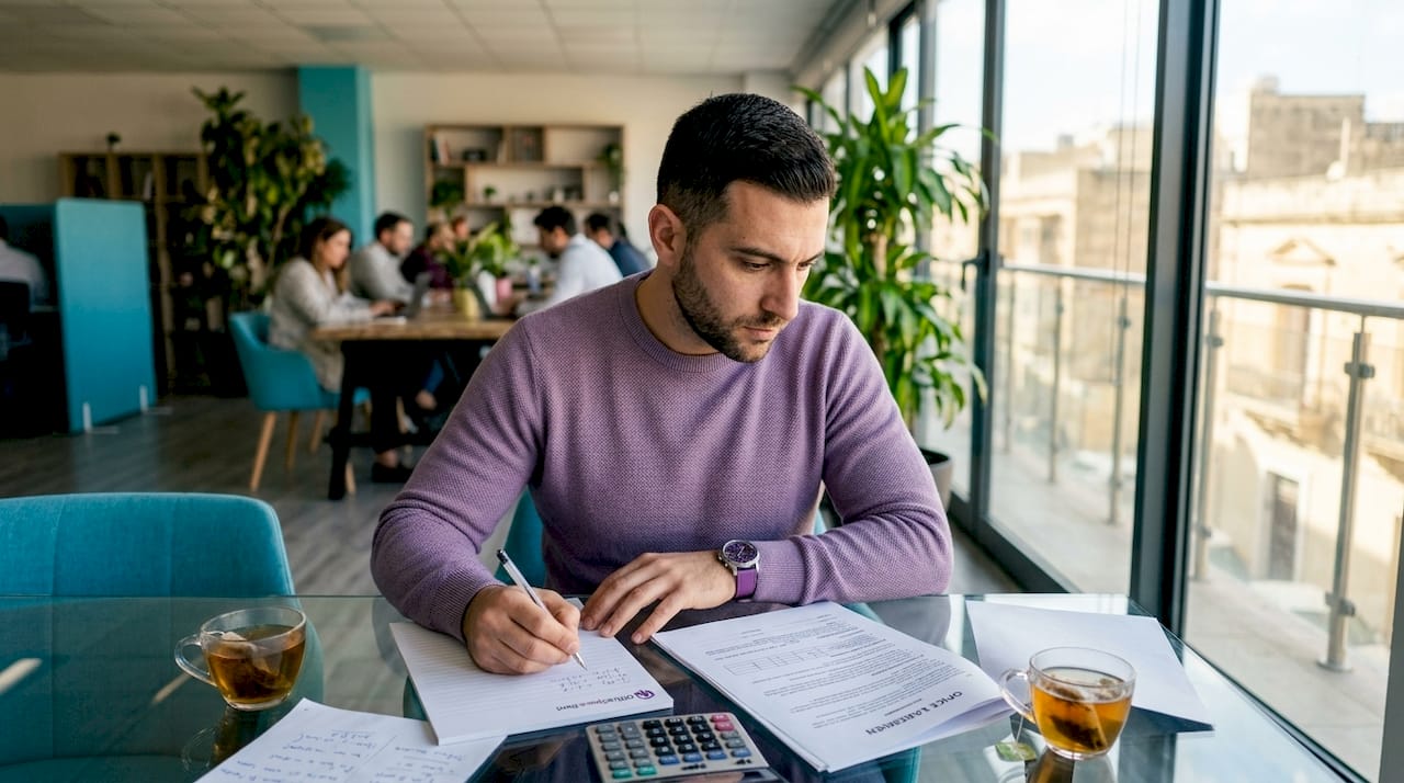 Person reviewing office lease agreement in Maltese office understanding office sqm rates